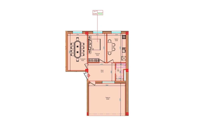 2-xonali xonadon 93.62 m²  8/8 qavat | "Markaz" Turar-joy majmuasi