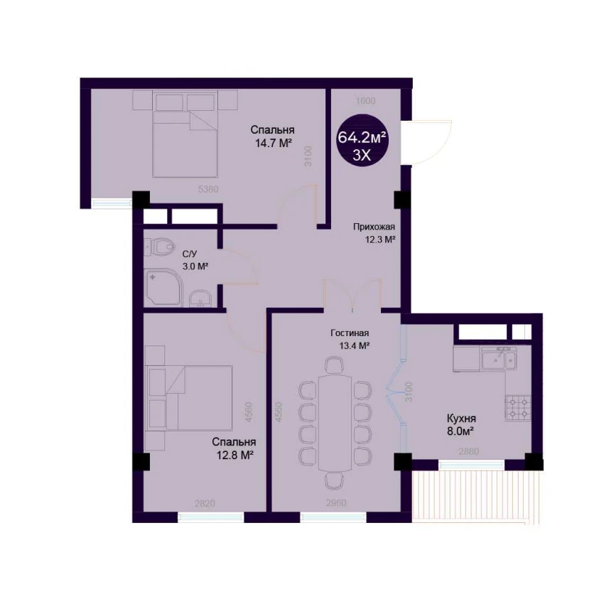 3-xonali xonadon 64.2 m²  3/7 qavat | Minor Turar-joy majmuasi