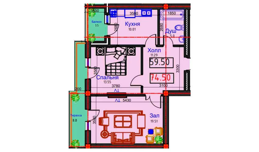 2-комнатная квартира 74.5 м²  8/8 этаж | Жилой комплекс BAHOR