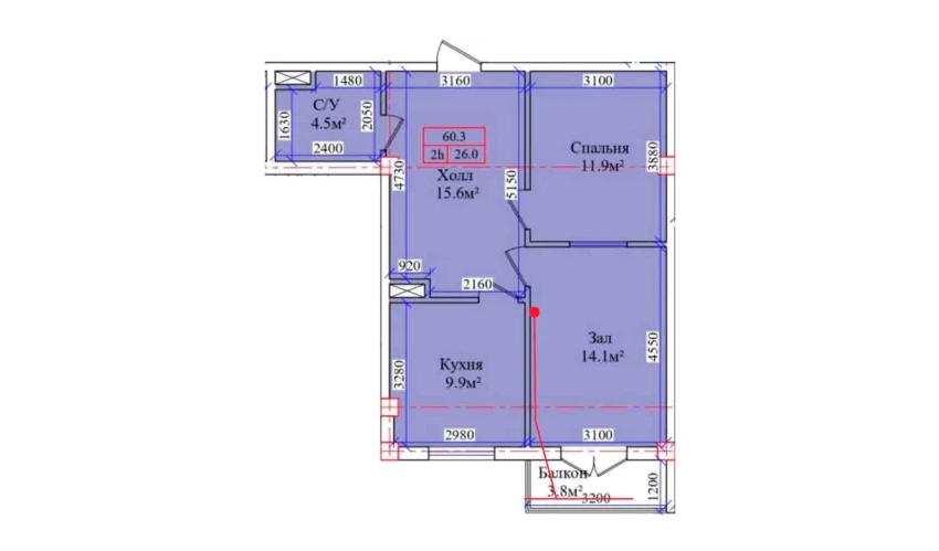 2-комнатная квартира 60.3 м²  7/9 этаж | Жилой комплекс CHIRCHIQ CITY