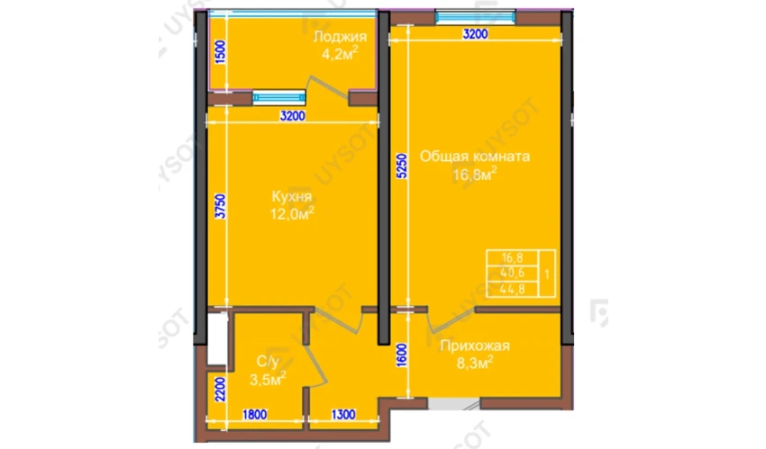 1-комнатная квартира 44.8 м²  2/9 этаж | Жилой комплекс NUR HAYAT