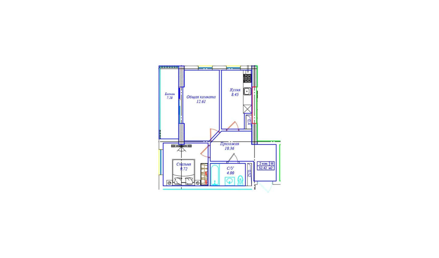 2-комн. квартира 52.42 м²  11/17 этаж | Жилой комплекс UCHTEPA CITY