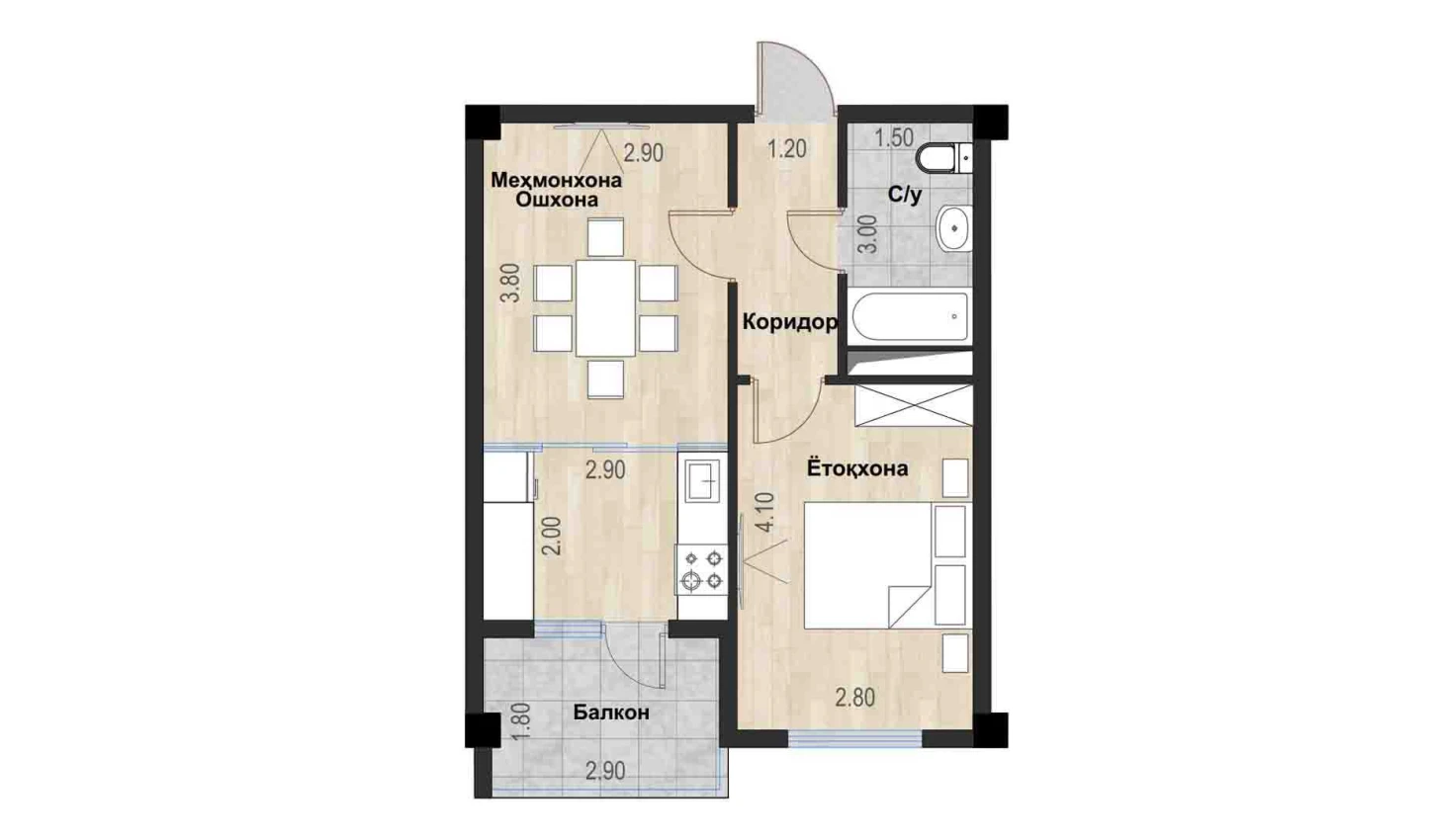 1-комн. квартира 40.38 м²  4/7 этаж | Жилой комплекс Bochka Resort