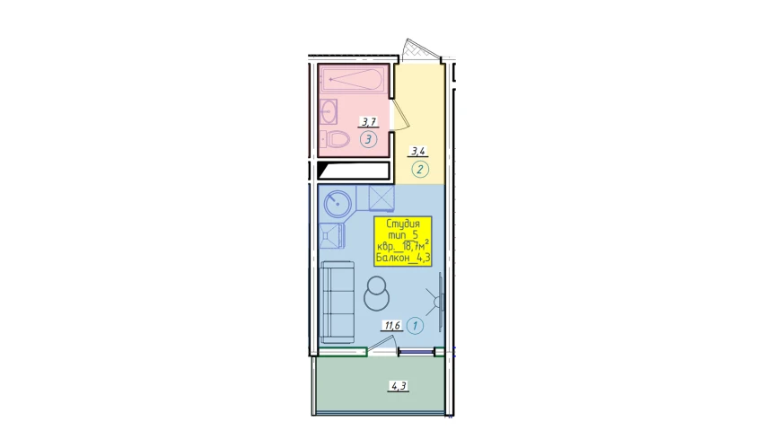 1-комнатная квартира 19.99 м²  2/12 этаж | Жилой комплекс SERGELI CITY