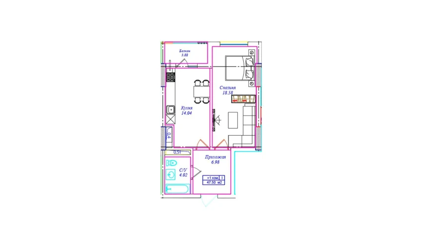 1-комнатная квартира 47.5 м²  14/17 этаж | Жилой комплекс UCHTEPA CITY