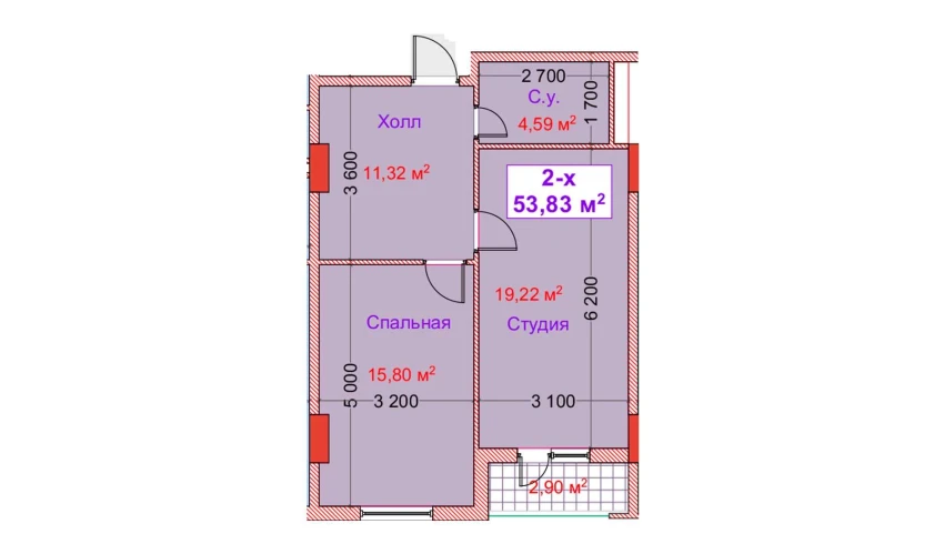 2-xonali xonadon 53.83 m²  3/8 qavat | CAPITAL AVENUE Turar-joy majmuasi