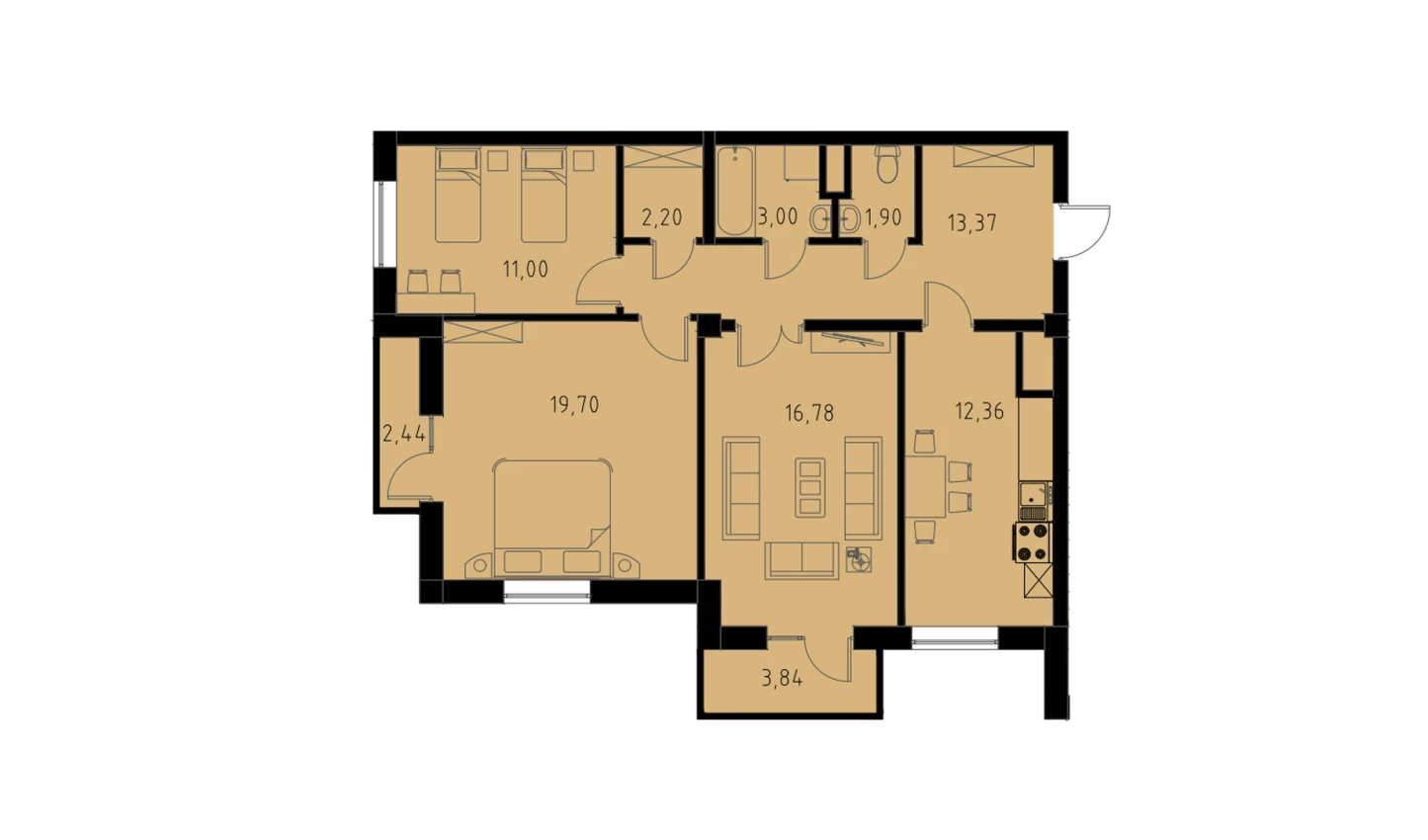 3-xonali xonadon 82.19 m²  5/9 qavat | MINGCHINOR Turar-joy majmuasi