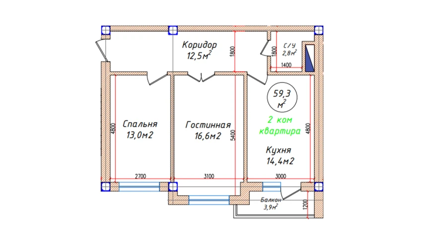 2-xonali xonadon 59.3 m²  3/5 qavat | Oq mahalla Turar-joy majmuasi
