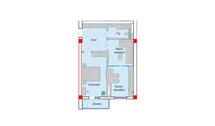 2-комнатная квартира 52.82 м²  11/12 этаж | Жилой комплекс SERGELI CITY
