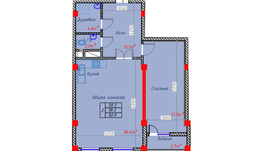 2-xonali xonadon 82 m²  7/9 qavat | Hakimi Towers Turar-joy majmuasi