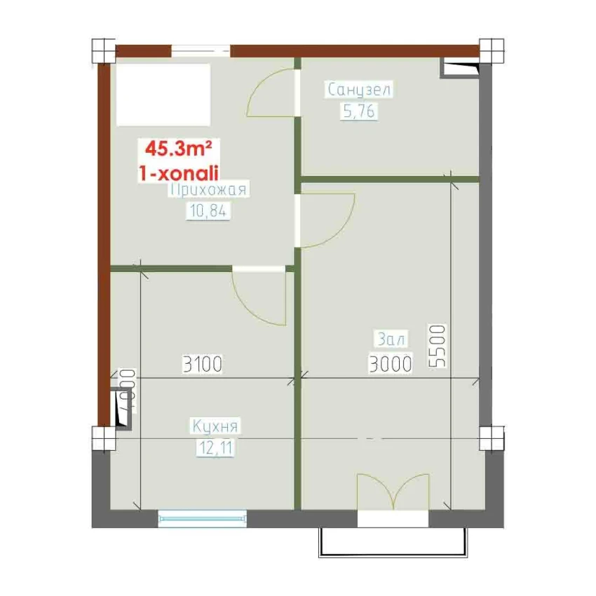 1-xonali xonadon 45.3 m²  5/9 qavat | YANGI AVLOD Turar-joy majmuasi
