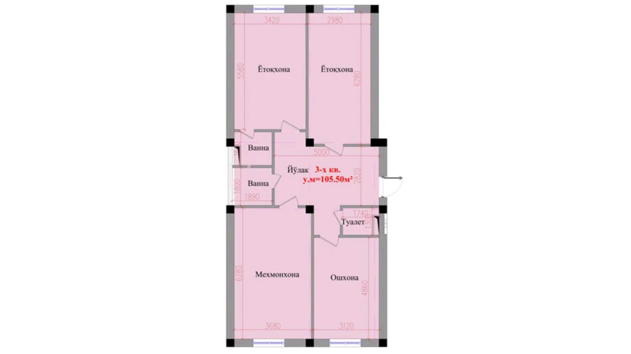 3-xonali xonadon 105.5 m²  1/8 qavat | Saxro Turar-joy majmuasi