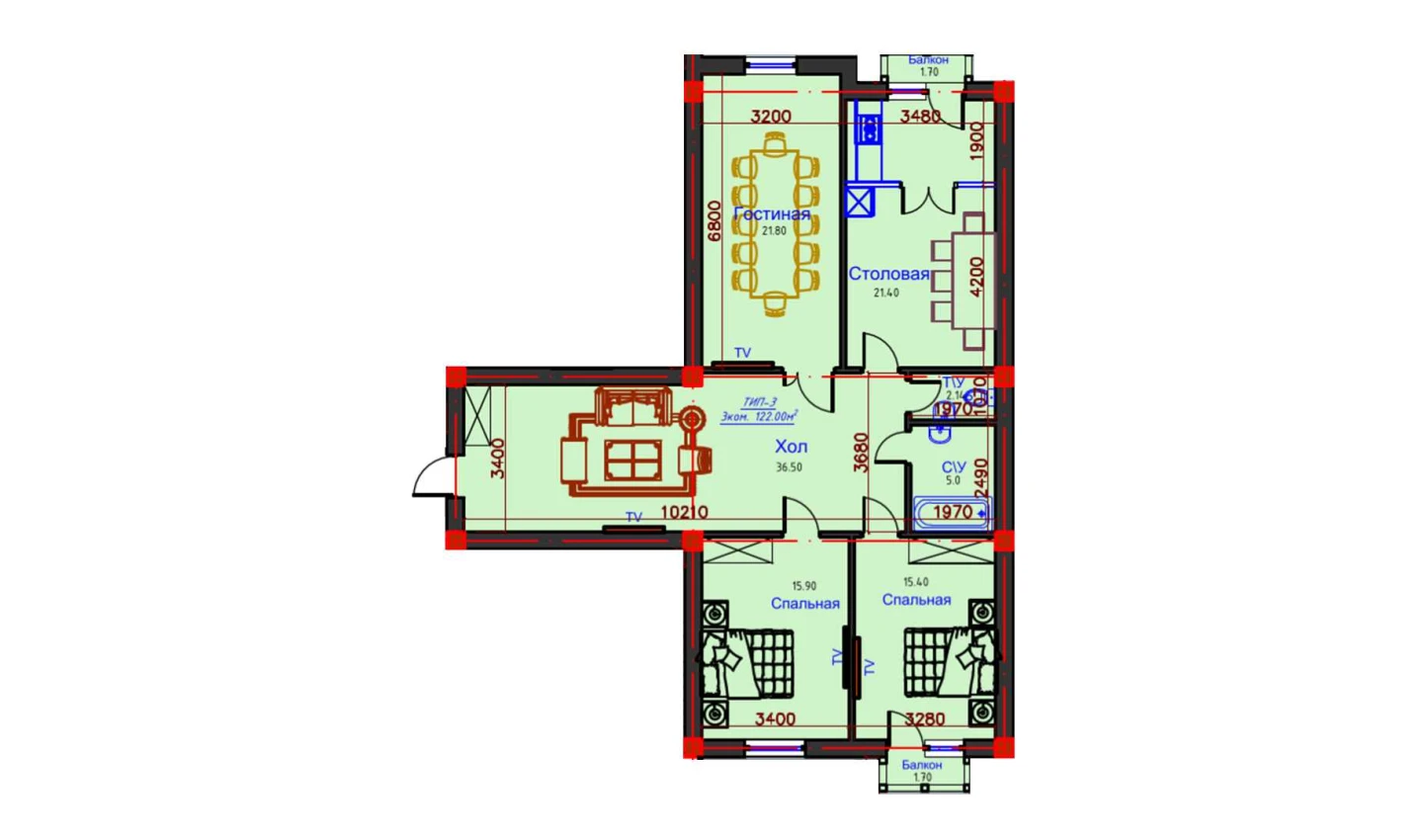 3-комн. квартира 122 м²  9/10 этаж | Жилой комплекс AFROSIYOB