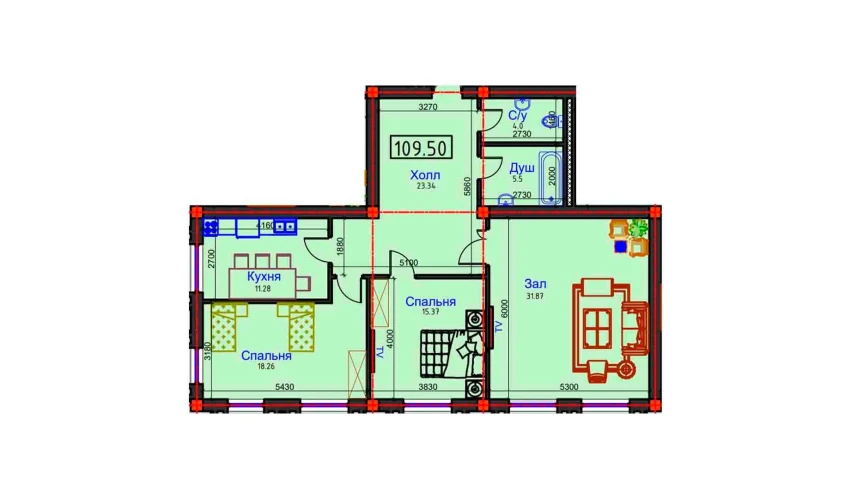 3-xonali xonadon 109.5 m²  1/8 qavat | BAHOR Turar-joy majmuasi