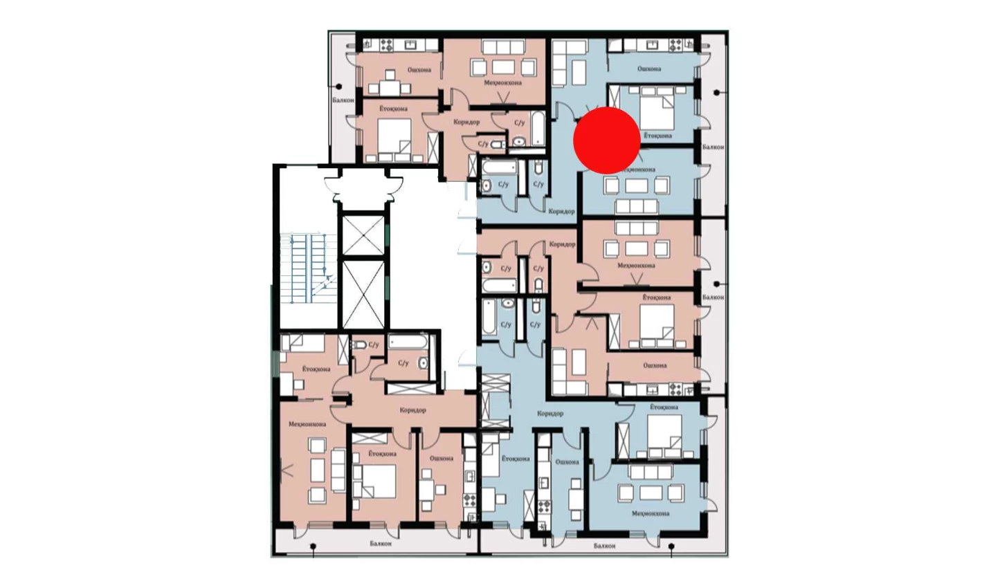 2-xonali xonadon 59.64 m²  9/16 qavat | SOKIN DIYOR Turar-joy majmuasi