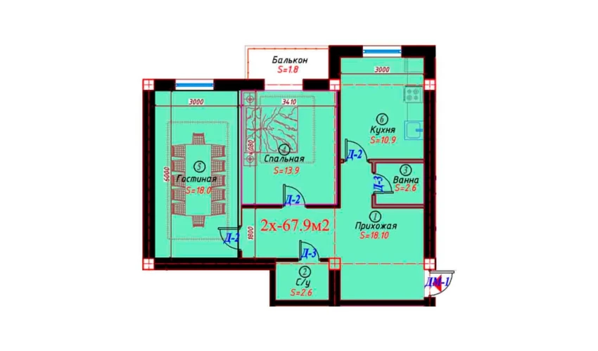 2-xonali xonadon 67.9 m²  6/6 qavat | Sohil bo'yi Turar-joy majmuasi