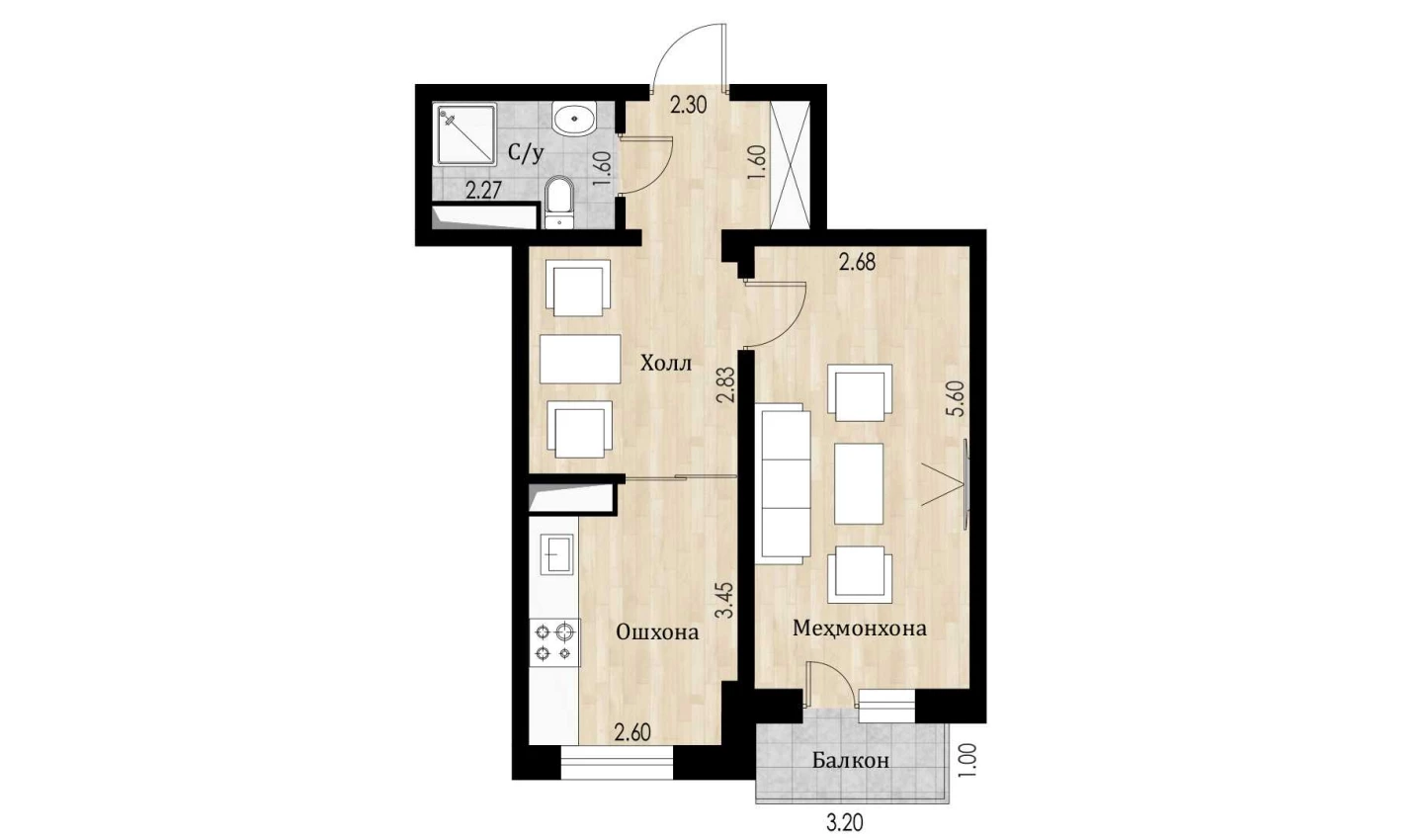 1-xonali xonadon 41.92 m²  7/10 qavat | Ko'kcha-Oqtepa Turar-joy majmuasi