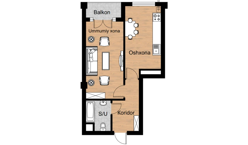 1-xonali xonadon 45.6 m²  13/16 qavat | Musaffo Turar-joy majmuasi