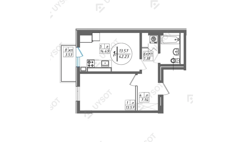 1-xonali xonadon 42.23 m²  2/13 qavat | SUN Turar-joy majmuasi
