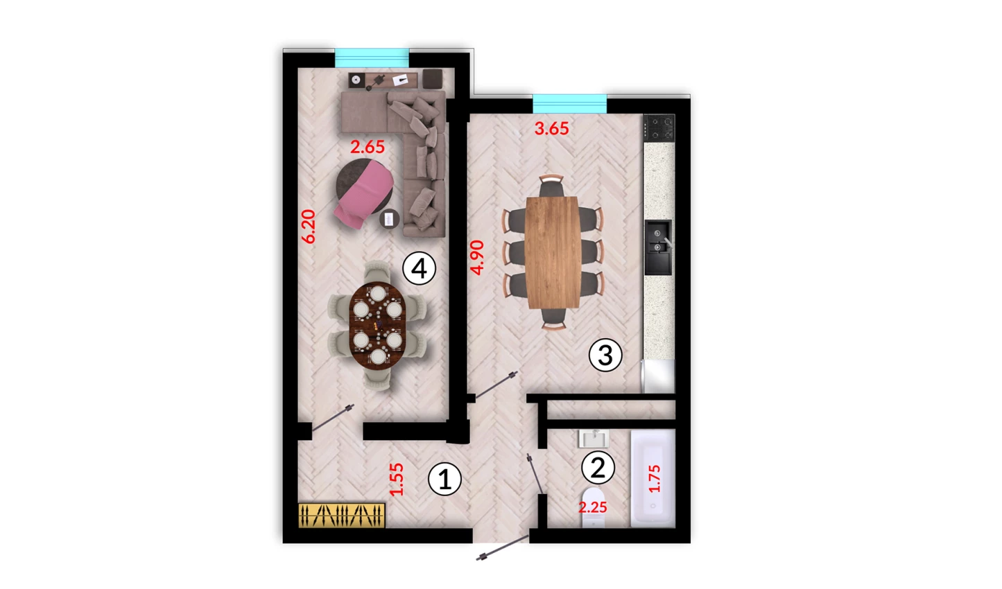 1-xonali xonadon 44.78 m²  10/10 qavat | Ko'kcha-Oqtepa Turar-joy majmuasi