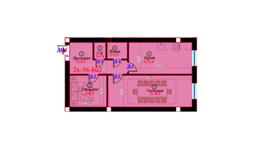 2-комнатная квартира 56.4 м²  6/6 этаж | Жилой комплекс Sohil bo'yi
