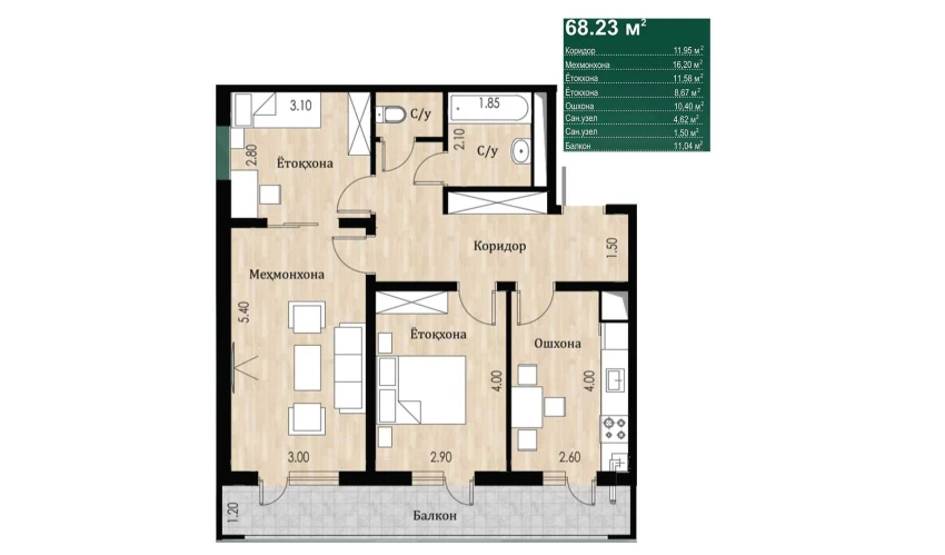 3-xonali xonadon 68.23 m²  2/16 qavat | SOKIN DIYOR Turar-joy majmuasi