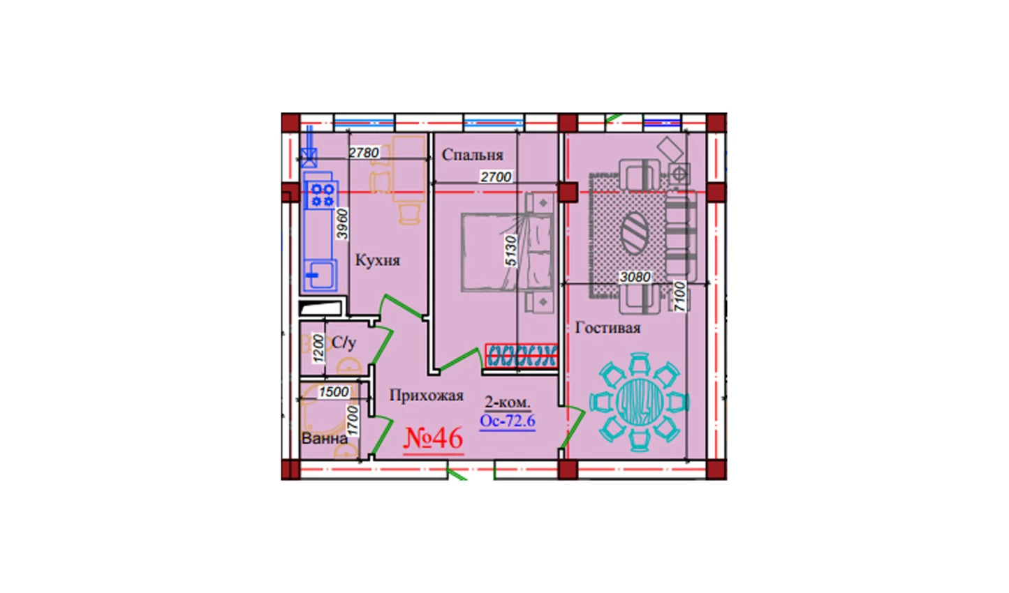 2-комн. квартира 72.6 м²  7/9 этаж | Жилой комплекс ZAR ZAMONAVIY UYLAR
