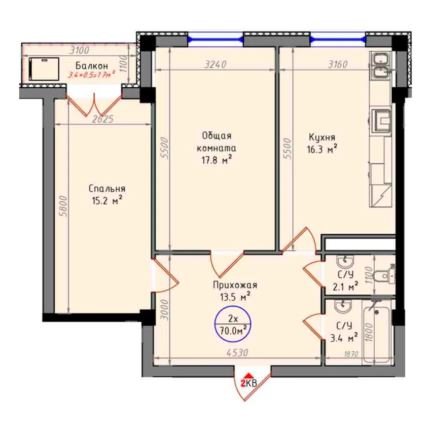 2-комн. квартира 70 м²  2/12 этаж | Жилой комплекс Zamin Jizzax