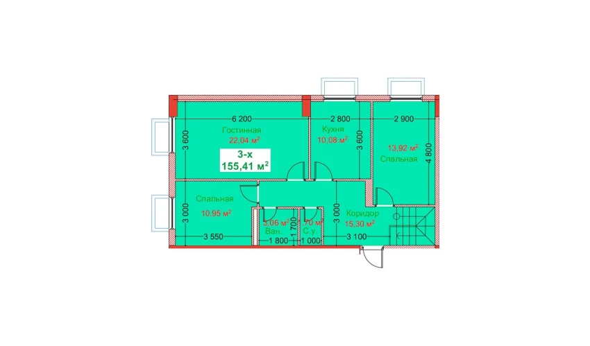 3-xonali xonadon 155.41 m²  1/8 qavat | CAPITAL AVENUE Turar-joy majmuasi