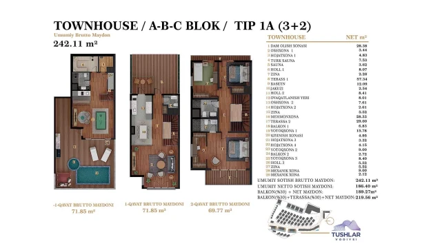 5-комнатная квартира 219.56 м²  1/1 этаж | Жилой комплекс TUSHLAR VODIYSI