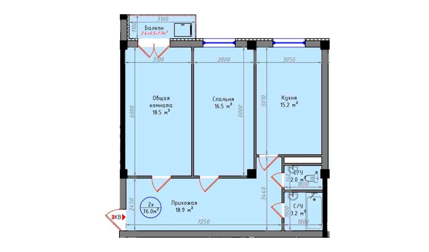 2-комн. квартира 76 м²  5/12 этаж | Жилой комплекс Zamin Jizzax