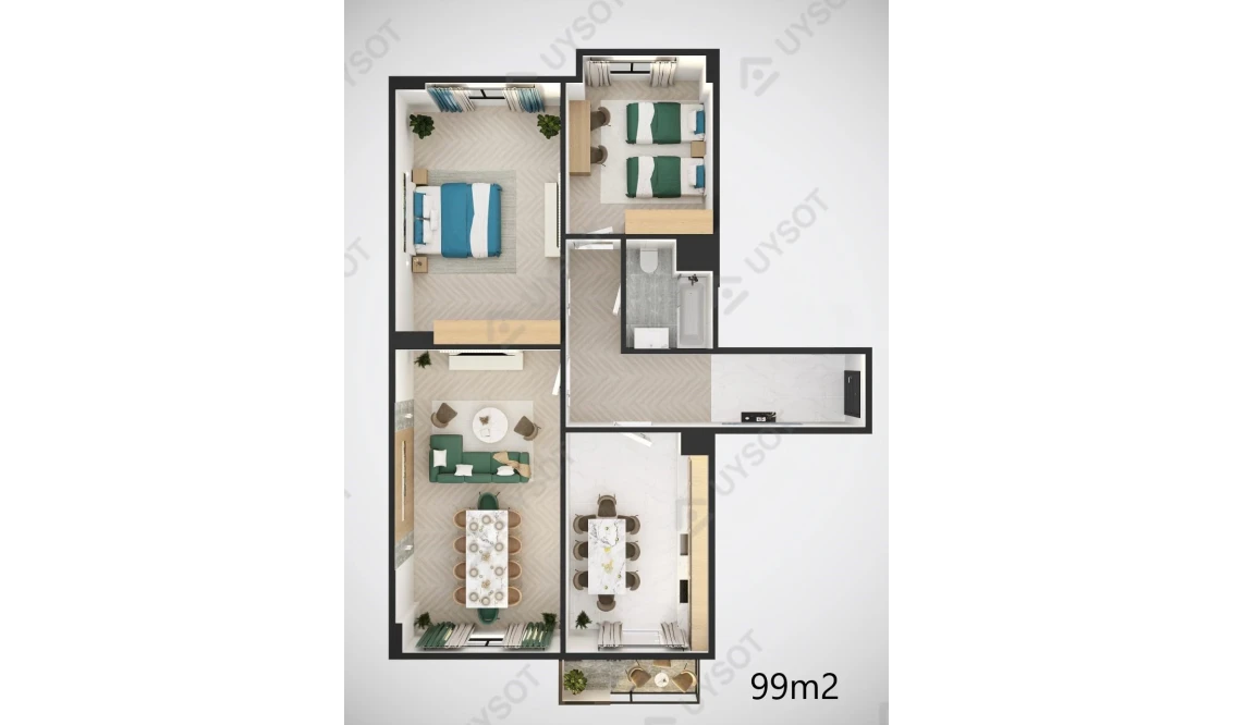 3-xonali xonadon 99 m²  1/12 qavat | MODERN SERGELI Turar-joy majmuasi