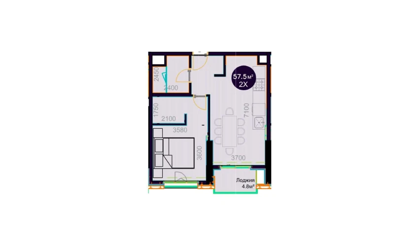 2-комнатная квартира 57.5 м²  11/20 этаж | Жилой комплекс Central Avenue