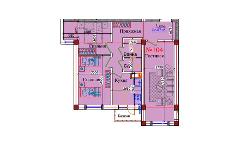 3-xonali xonadon 87.45 m²  4/9 qavat | ZAR ZAMONAVIY UYLAR Turar-joy majmuasi
