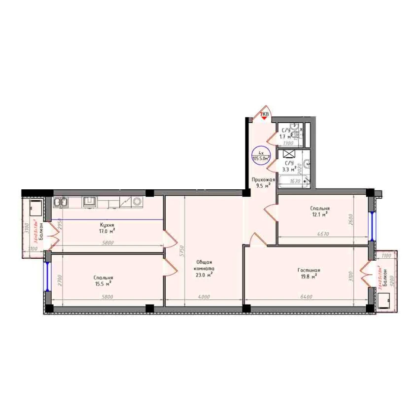 4-xonali xonadon 105.5 m²  4/12 qavat | Zamin Jizzax Turar-joy majmuasi