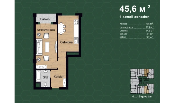 1-xonali xonadon 45.6 m²  3/16 qavat | Musaffo Turar-joy majmuasi