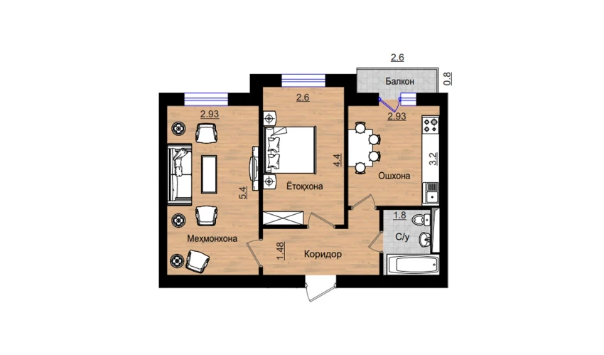 2-комнатная квартира 55.78 м²  5/5 этаж | Жилой комплекс QIZILTEPA