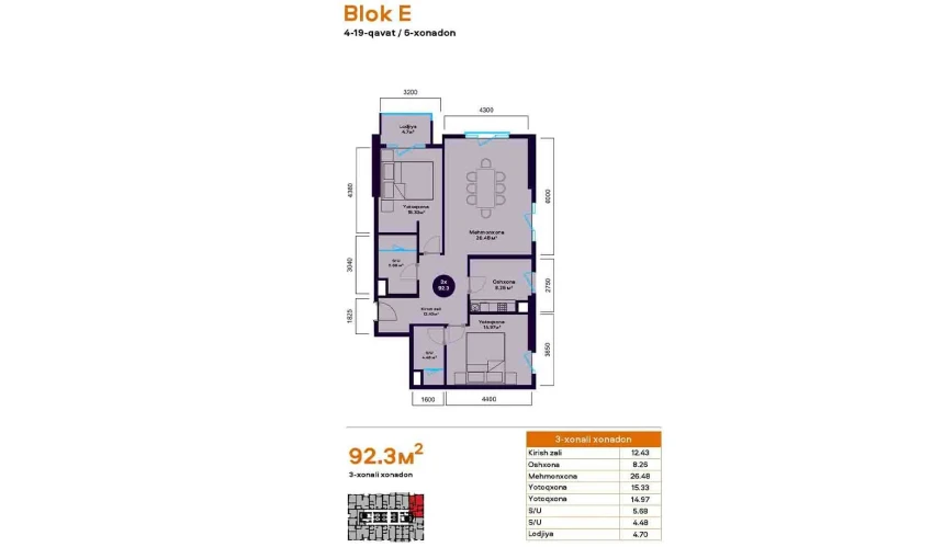 3-xonali xonadon 92.3 m²  10/20 qavat | Central Avenue Turar-joy majmuasi