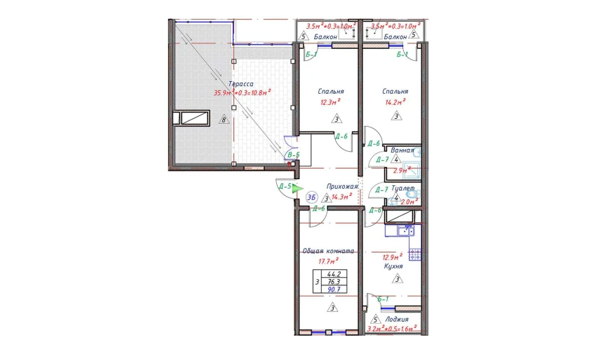 3-xonali xonadon 90.7 m²  16/16 qavat | TRINITY Turar-joy majmuasi