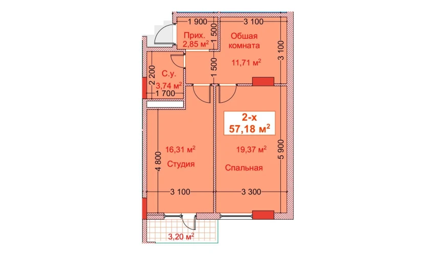 2-комнатная квартира 57.18 м²  8/8 этаж | Жилой комплекс CAPITAL AVENUE