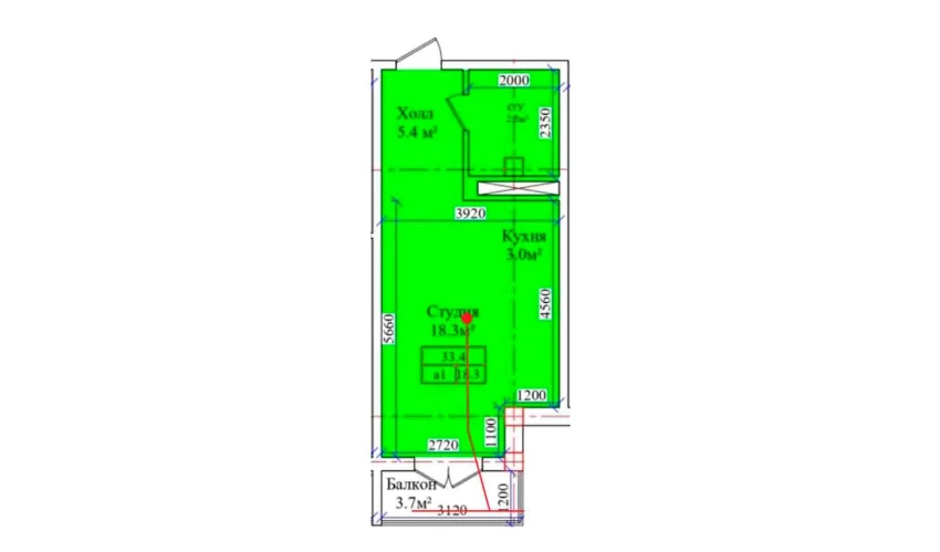 1-xonali xonadon 33.4 m²  9/9 qavat | CHIRCHIQ CITY Turar-joy majmuasi