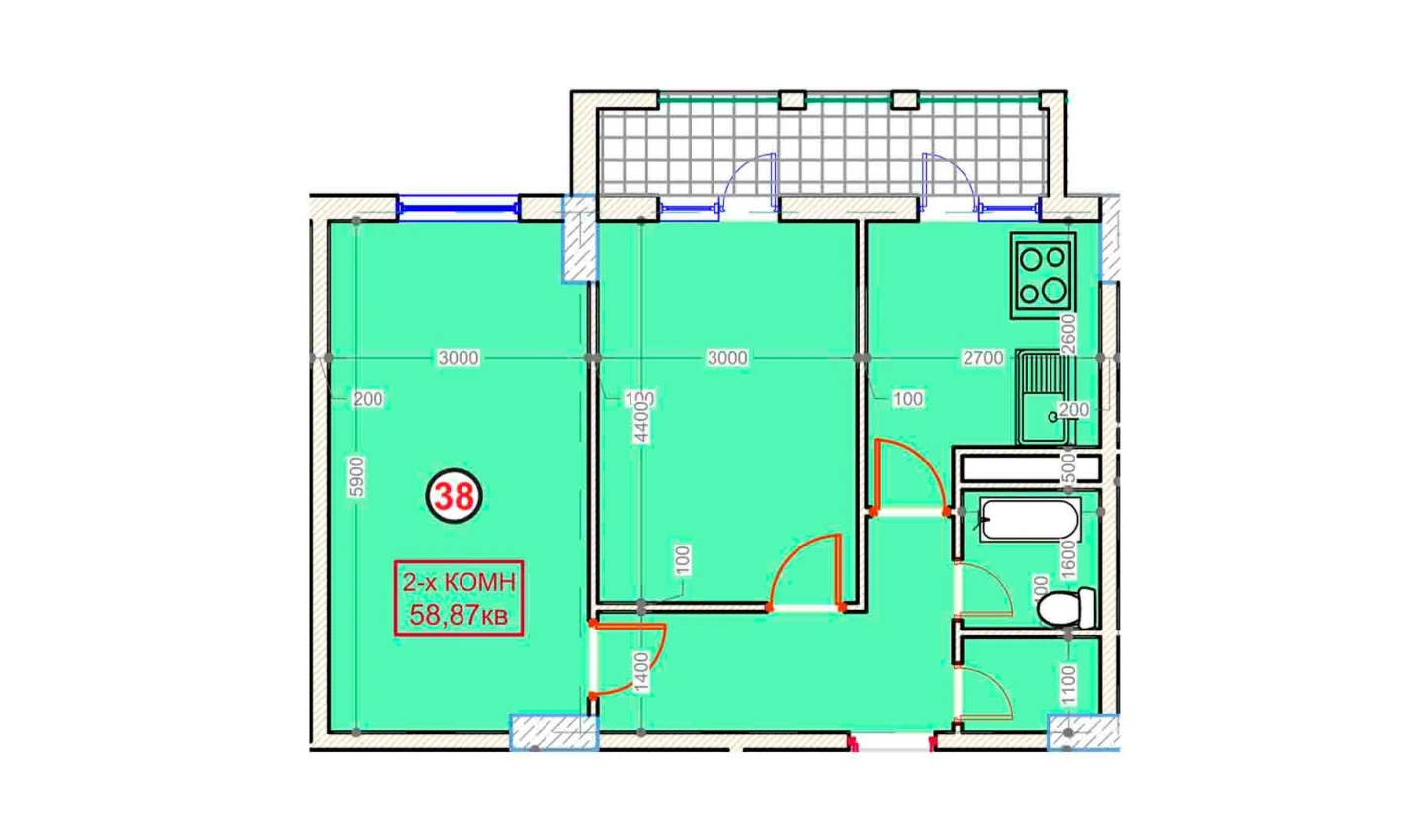 2-xonali xonadon 58.87 m²  9/9 qavat | XUMO Turar-joy majmuasi