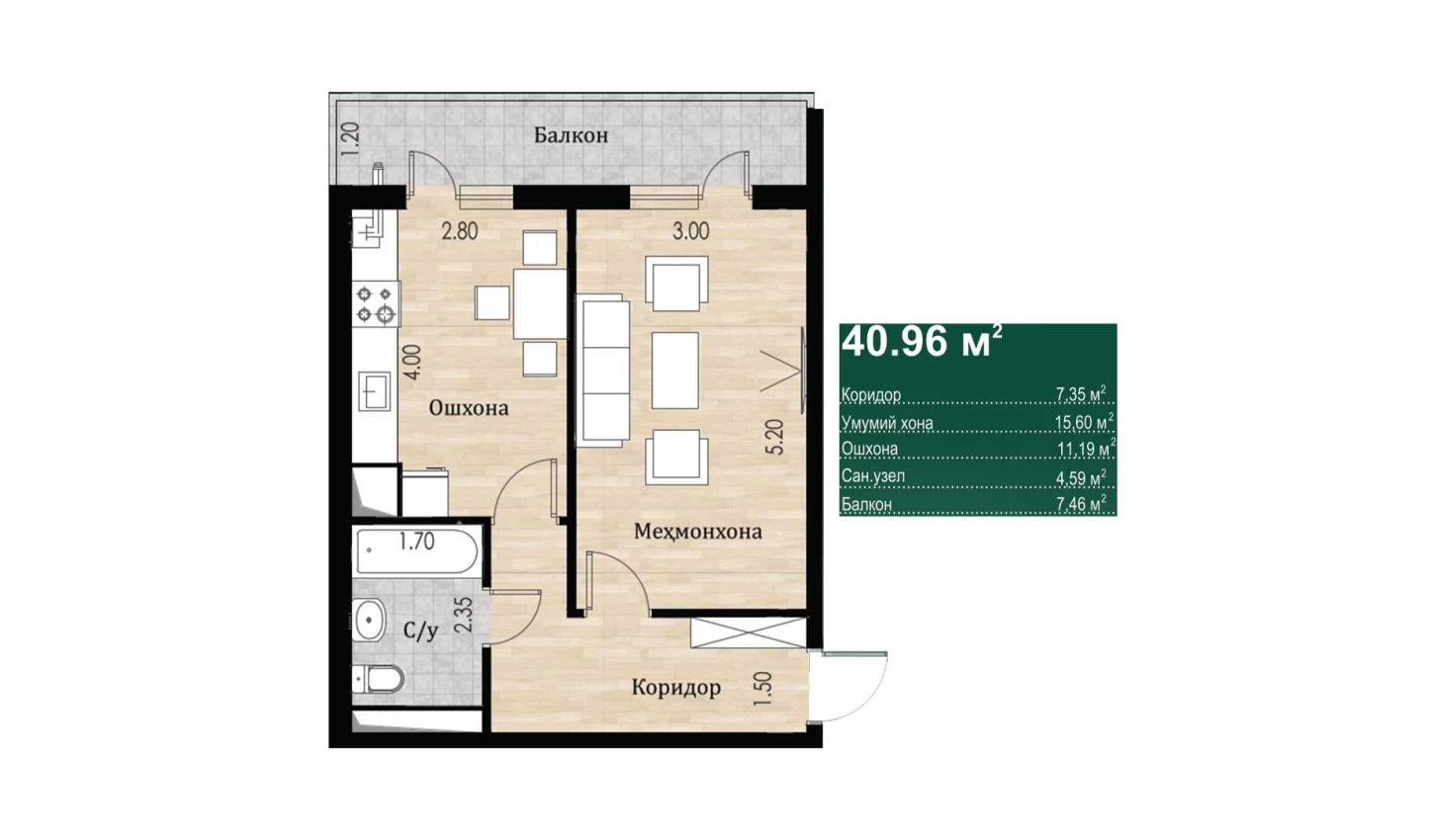 1-xonali xonadon 40.96 m²  2/16 qavat | SOKIN DIYOR Turar-joy majmuasi