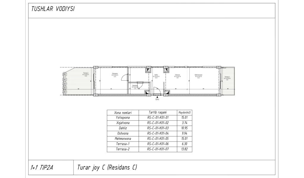 2-xonali xonadon 60.69 m²  1/7 qavat | TUSHLAR VODIYSI Turar-joy majmuasi