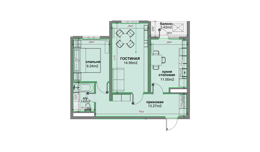 2-комнатная квартира 53.79 м²  12/16 этаж | Жилой комплекс BASHKENT