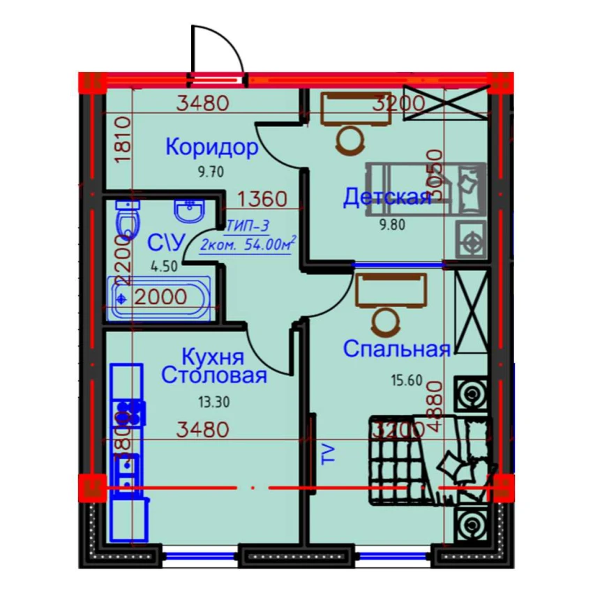 2-комн. квартира 54 м²  10/10 этаж | Жилой комплекс AFROSIYOB