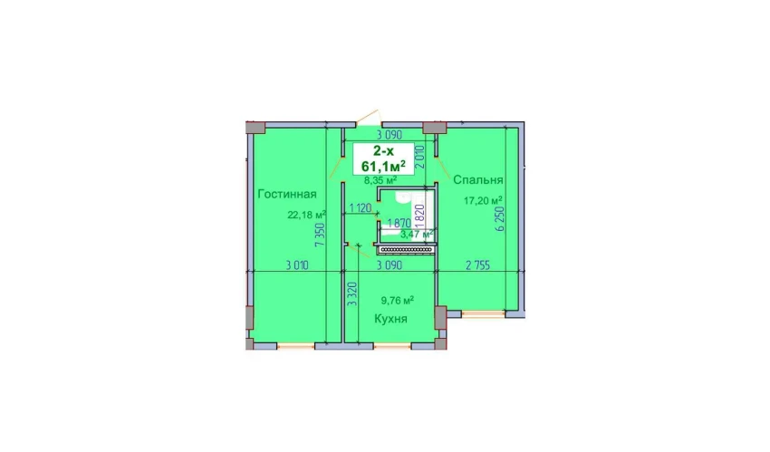 2-комнатная квартира 61.1 м²  1/9 этаж | Жилой комплекс SHAYX-UL OLAM