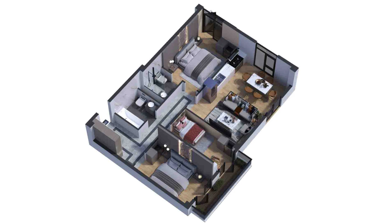 4-xonali xonadon 76.47 m²  3/7 qavat | Bochka Resort Turar-joy majmuasi