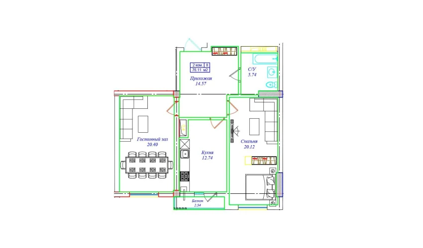 2-комнатная квартира 76.11 м²  11/17 этаж | Жилой комплекс UCHTEPA CITY