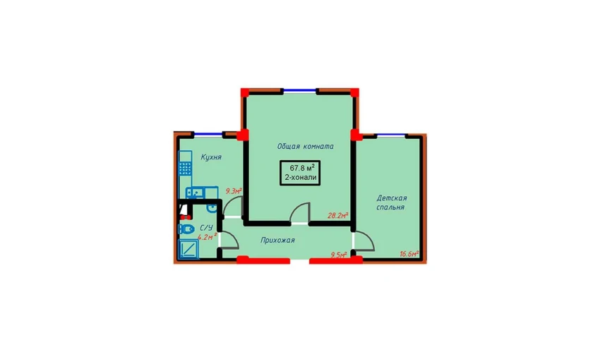 2-xonali xonadon 72.3 m²  4/9 qavat | Turon Turar-joy majmuasi